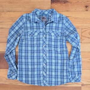 Women's REI Button Down Hiking Shirt In Blue Plaid Size Medium.